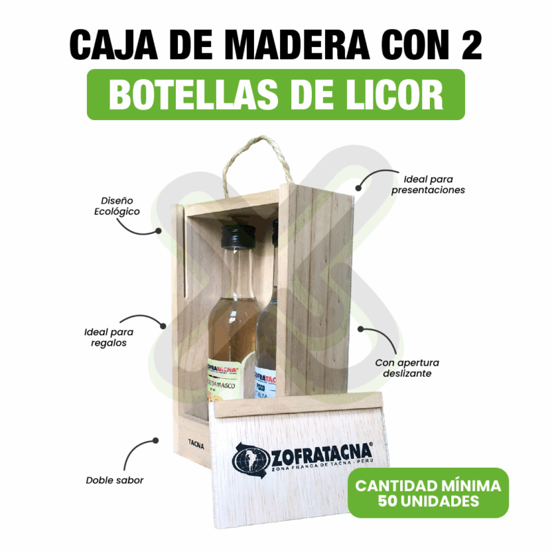 CAJA DE MADERA PERSONALIZADA CON 2 BOTELLAS DE LICOR
