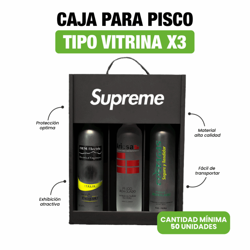 CAJA PARA PISCO TIPO VITRINA 3 BOTELLAS