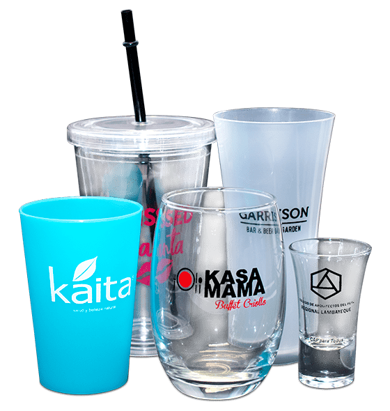 Vasos publicitarios pavonados, acrílicos y plásticos